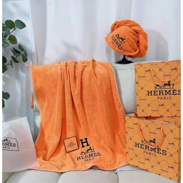 ブランドエルメス シャワータオル ヘアドライタオル２点セット HERMES 大判タオル 瞬間吸水 ドライキャップ 抗菌防臭 速乾 ファション 人気 髪タオル マイクロファイバー 柔らかい