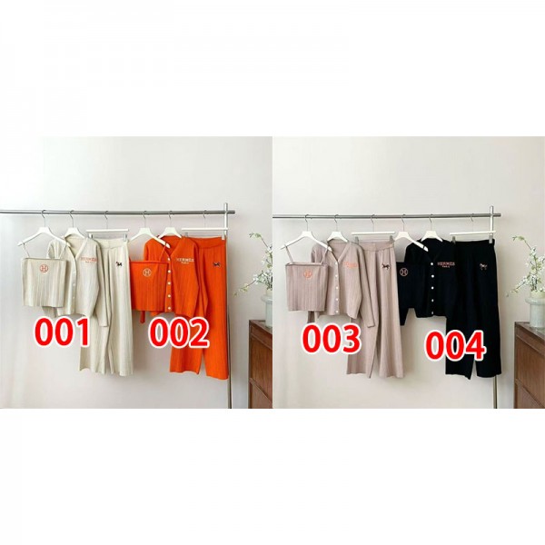 Hermes エルメスハイブランドセットアップ レディースニット 3点セット S - 2XL セーター カーディガン キャミソール ワイドパンツ 上下セット 長袖 ニット 刺繍 シンプル おしゃれ カジュアル 秋 冬