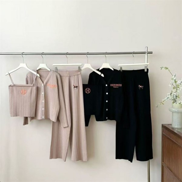 Hermes エルメスハイブランドセットアップ レディースニット 3点セット S - 2XL セーター カーディガン キャミソール ワイドパンツ 上下セット 長袖 ニット 刺繍 シンプル おしゃれ カジュアル 秋 冬