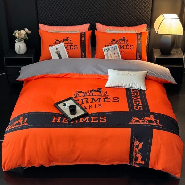 Hermes エルメスブランド寝具4点セットシングル セミダブル ダブル 布団カバー セットハイブランド激安布団カバー ベッドシート 枕カバー 4点セット綿 コットンブランド 布団カバー コピー