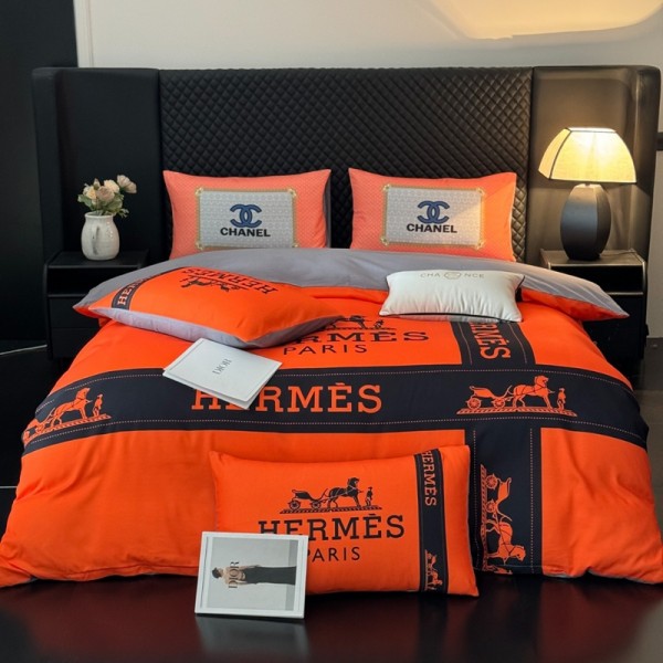 Hermes エルメスブランド寝具4点セットシングル セミダブル ダブル 布団カバー セットハイブランド激安布団カバー ベッドシート 枕カバー 4点セット綿 コットンブランド 布団カバー コピー