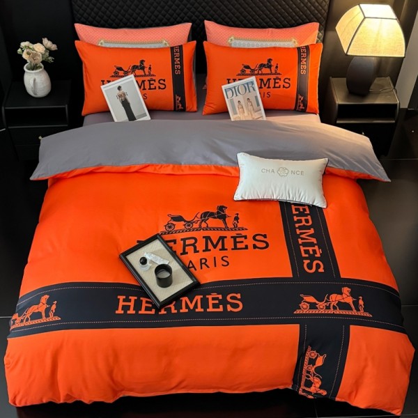 Hermes エルメスブランド寝具4点セットシングル セミダブル ダブル 布団カバー セットハイブランド激安布団カバー ベッドシート 枕カバー 4点セット綿 コットンブランド 布団カバー コピー