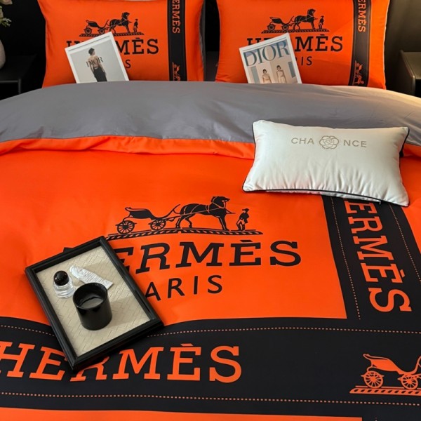 Hermes エルメスブランド寝具4点セットシングル セミダブル ダブル 布団カバー セットハイブランド激安布団カバー ベッドシート 枕カバー 4点セット綿 コットンブランド 布団カバー コピー