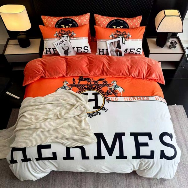 Hermes エルメスシングル セミダブル ダブル 布団カバー セットハイブランド激安布団カバー ベッドシート 枕カバー 4点セット布団カバー シール 枕カバーブランド おすすめ寝具偽物新作