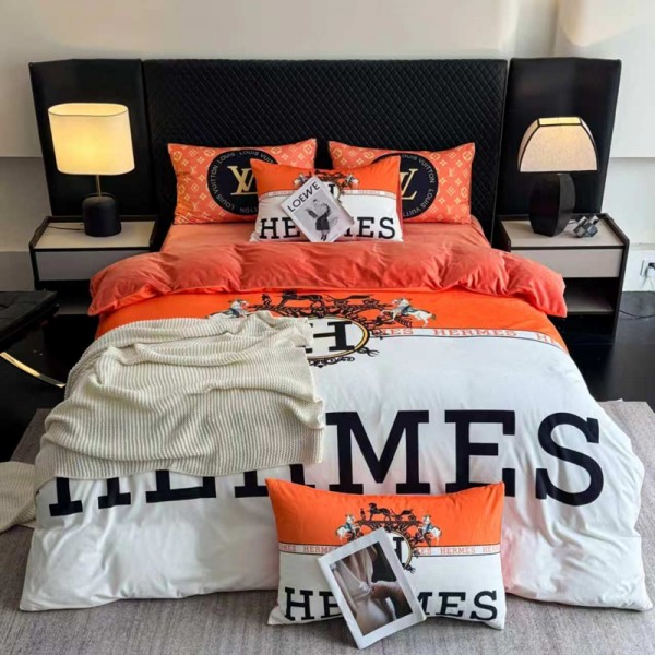 Hermes エルメスシングル セミダブル ダブル 布団カバー セットハイブランド激安布団カバー ベッドシート 枕カバー 4点セット布団カバー シール 枕カバーブランド おすすめ寝具偽物新作