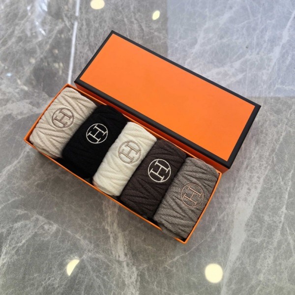 Hermes エルメスハイブランド ソックス ウール混ロゴ刺繍 長筒ソックス 5足セット ギフトブランドミドルソックス 高品質 ウール ソックス くつした