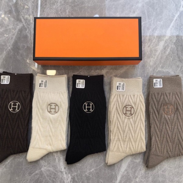 Hermes エルメスハイブランド ソックス ウール混ロゴ刺繍 長筒ソックス 5足セット ギフトブランドミドルソックス 高品質 ウール ソックス くつした