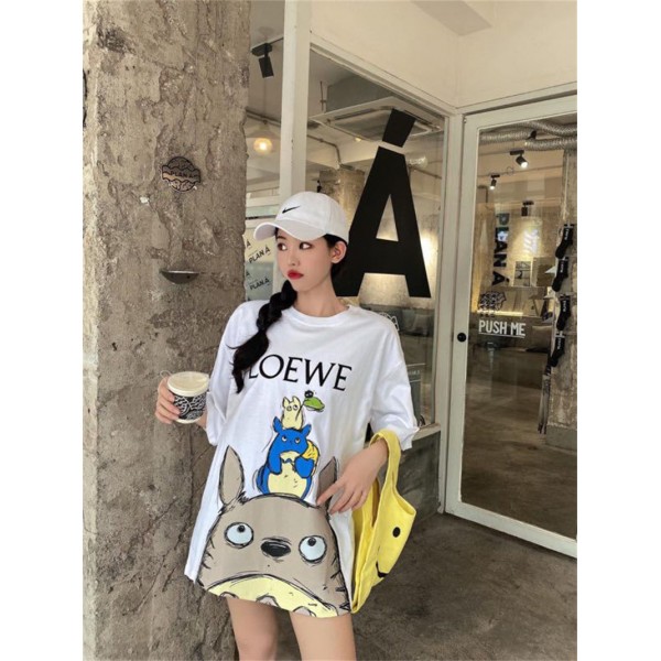 ロエベ Tシャツ レディース 半袖 Tシャツ ゆったり 丸首 可愛いトトロ柄 LOEWE オーバーサイズ 着痩せ 韓国風 ビックtシャツ ロング丈の上着 トップス 夏 カジュアル  短袖 カジュアル 男女通用