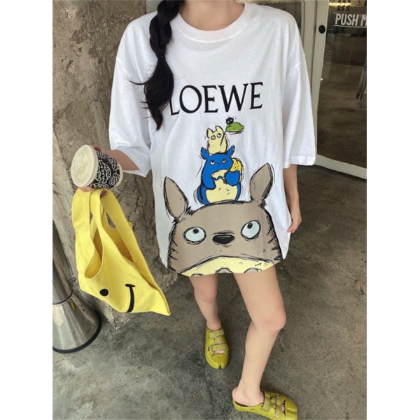 ロエベ Tシャツ レディース 半袖 Tシャツ ゆったり 丸首 可愛いトトロ柄 LOEWE オーバーサイズ 着痩せ 韓国風 ビックtシャツ ロング丈の上着 トップス 夏 カジュアル  短袖 カジュアル 男女通用