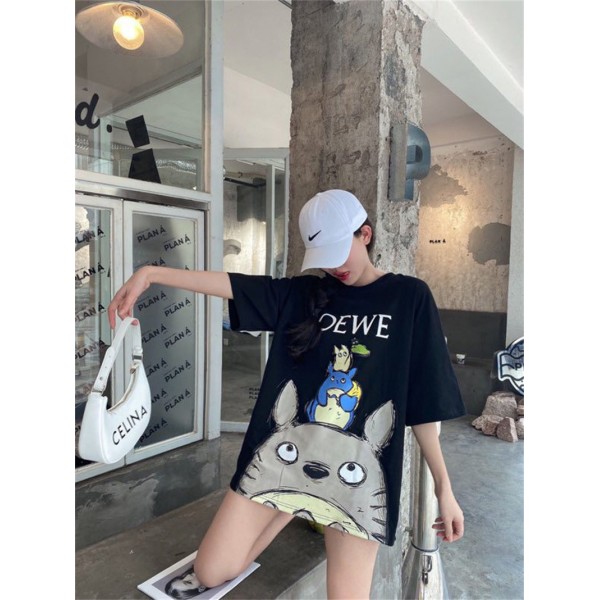 ロエベ Tシャツ レディース 半袖 Tシャツ ゆったり 丸首 可愛いトトロ柄 LOEWE オーバーサイズ 着痩せ 韓国風 ビックtシャツ ロング丈の上着 トップス 夏 カジュアル  短袖 カジュアル 男女通用