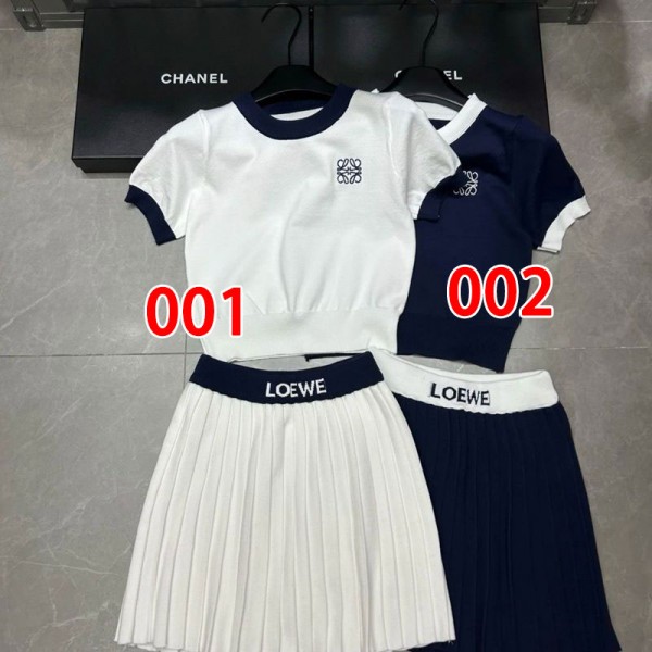 LOEWE ロエベハイブランドニットセットアップ ニットｔシャツ ショートスカート S - L レディーススーツ セットアップ 上下セット 二点セット 春夏服 同窓会 服装 きれいめ カジュアル ゆったり 可愛い オシャレ ニット ケーブル編