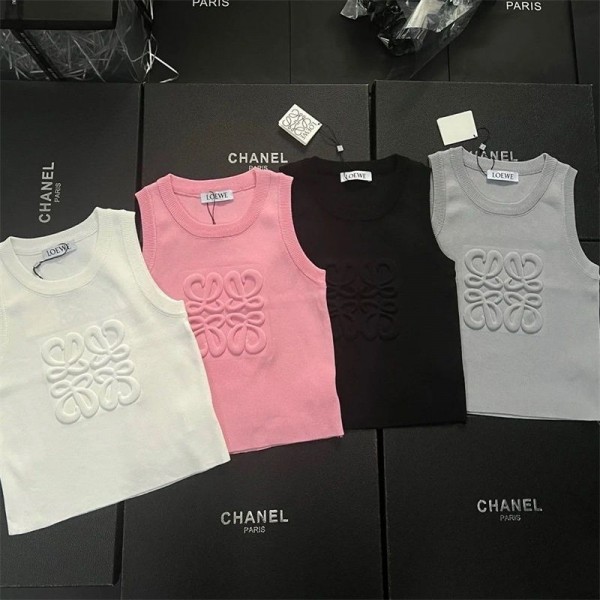 LOEWE ロエベブランドタンクトップ レディース ニット ノースリーブ 夏 キャミソール Tシャツ 薄手 カットソー サマーニット エンボス加工 おしゃれ ニットタンクトップス インナー 重ね着 レイヤード さらさら 柔らか カジュアル S - L