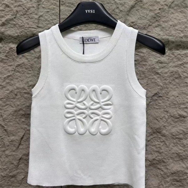 LOEWE ロエベブランドタンクトップ レディース ニット ノースリーブ 夏 キャミソール Tシャツ 薄手 カットソー サマーニット エンボス加工 おしゃれ ニットタンクトップス インナー 重ね着 レイヤード さらさら 柔らか カジュアル S - L