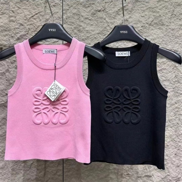 LOEWE ロエベブランドタンクトップ レディース ニット ノースリーブ 夏 キャミソール Tシャツ 薄手 カットソー サマーニット エンボス加工 おしゃれ ニットタンクトップス インナー 重ね着 レイヤード さらさら 柔らか カジュアル S - L