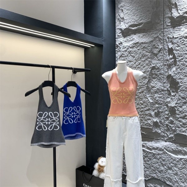 LOEWE ロエベニットキャミソール ハイブランドショート丈でおへそを出したノースリーブタンクトップニットレディース ニットタンクトップ ラウンドネックカップニットタンクトップ