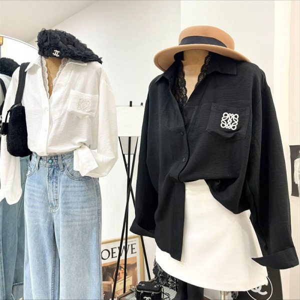 LOEWE ロエベブランドシャツ ブラウス レディース 柔らか トップス 長袖 おしゃれ 折り襟 柔らかい 着痩せ 刺繍 シンプル きれいめ エレガント ワイシャツ 日常 オフィス カジュアル 通勤 春 秋