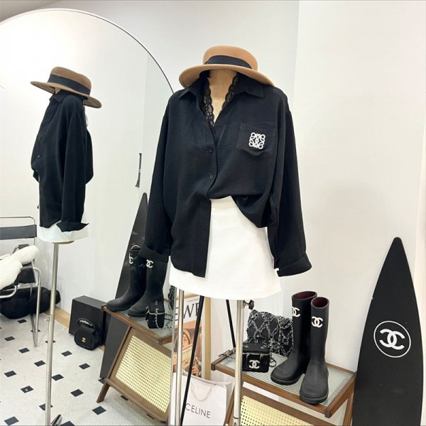 LOEWE ロエベブランドシャツ ブラウス レディース 柔らか トップス 長袖 おしゃれ 折り襟 柔らかい 着痩せ 刺繍 シンプル きれいめ エレガント ワイシャツ 日常 オフィス カジュアル 通勤 春 秋