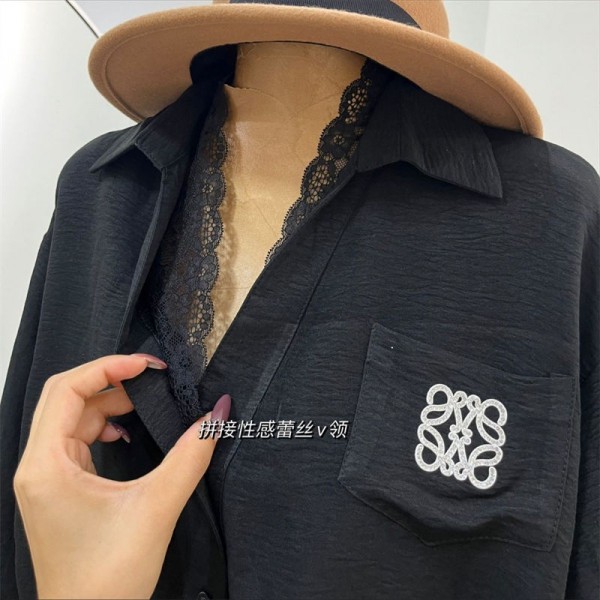 LOEWE ロエベブランドシャツ ブラウス レディース 柔らか トップス 長袖 おしゃれ 折り襟 柔らかい 着痩せ 刺繍 シンプル きれいめ エレガント ワイシャツ 日常 オフィス カジュアル 通勤 春 秋