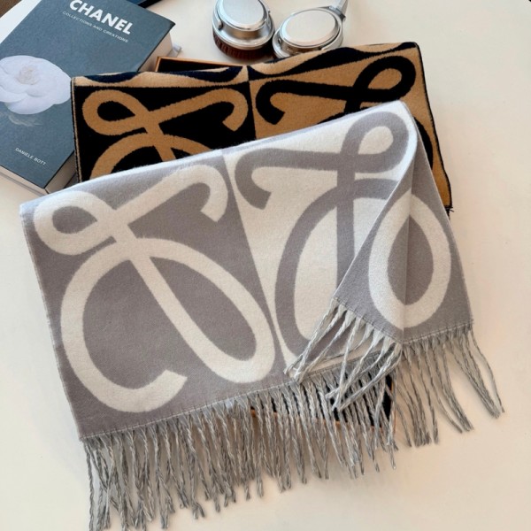 ロエベloeweリバーシブルロゴ柄大判マフラー両面配色タッセル付き秋冬ストールロエベおしゃれロゴデザインマフラー レディース 厚手リバーシブルストール