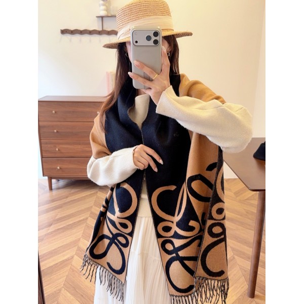 ロエベloeweリバーシブルロゴ柄大判マフラー両面配色タッセル付き秋冬ストールロエベおしゃれロゴデザインマフラー レディース 厚手リバーシブルストール