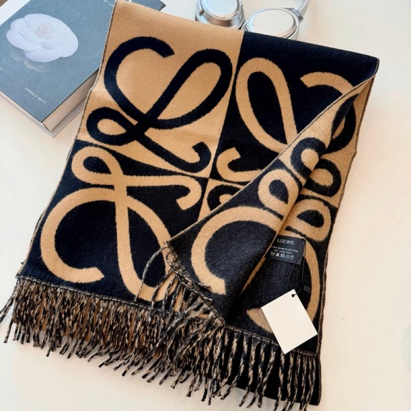 ロエベloeweリバーシブルロゴ柄大判マフラー両面配色タッセル付き秋冬ストールロエベおしゃれロゴデザインマフラー レディース 厚手リバーシブルストール