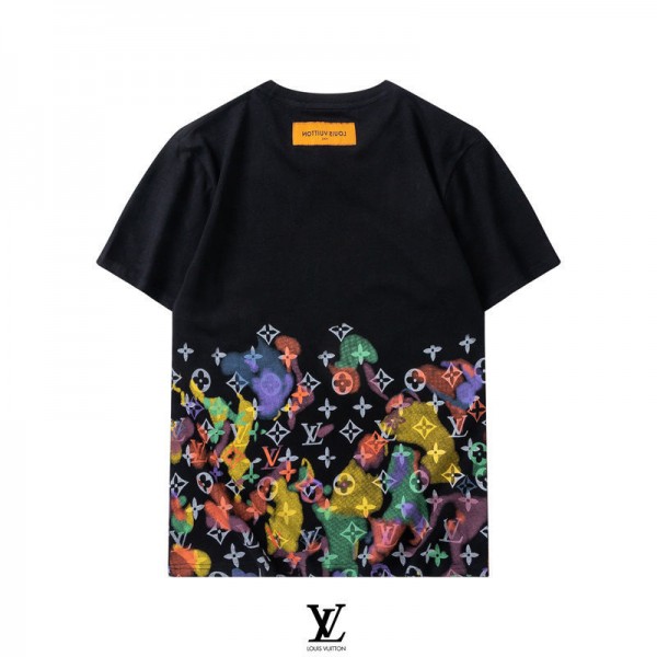 ブランドLV/ヴィトン Tシャツ メンズ 上着 カラフルプリント柄 モノグラム 黒白 レディース 丸首シャツ カジュアル 心地よい 夏 通気性抜群 トップス S~2XL