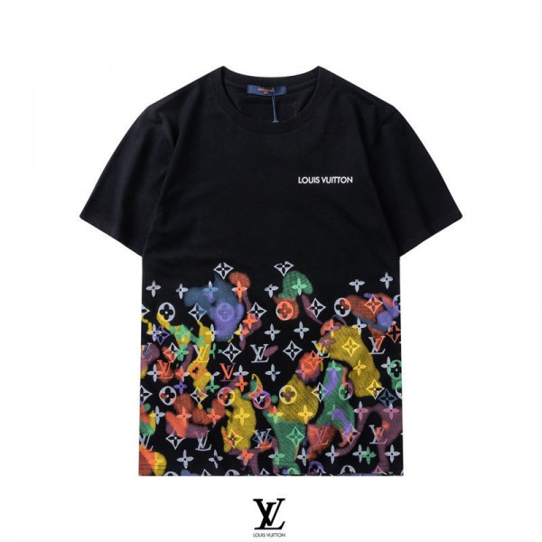 ブランドLV/ヴィトン Tシャツ メンズ 上着 カラフルプリント柄 モノグラム 黒白 レディース 丸首シャツ カジュアル 心地よい 夏 通気性抜群 トップス S~2XL