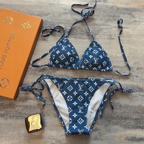 Lv ルイヴィトン水着 レディース デニム地 三角ビキニ 上下2点セット ハイブランド ビキニセット 女性用水着 スイムウェア 海水浴 温泉 水泳 体型カバー