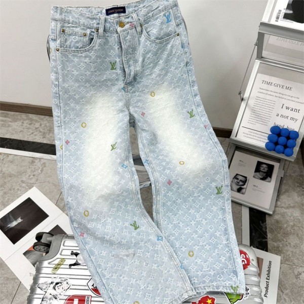 ブランドルイヴィトンワイドデニム ジーンズ メンズ LV ジャガード デニム ストレッチ 大きいサイズ ストレート ワイド ゆったり レディース 流行り 刺繍柄