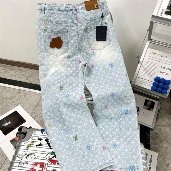 ブランドルイヴィトンワイドデニム ジーンズ メンズ LV ジャガード デニム ストレッチ 大きいサイズ ストレート ワイド ゆったり レディース 流行り 刺繍柄