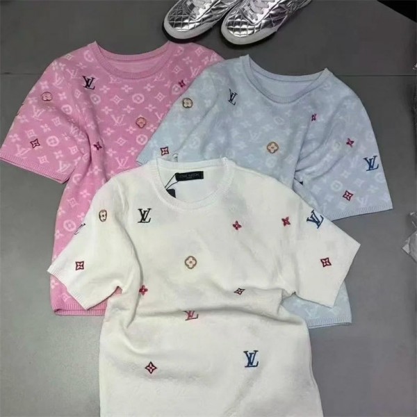 ルイヴィトン半袖 リブニット レディース リブ  袖 Lv ニット トップス 快適ニット セーター とろみニット 伸縮 ストレッチ おしゃれ 上品 春 夏
