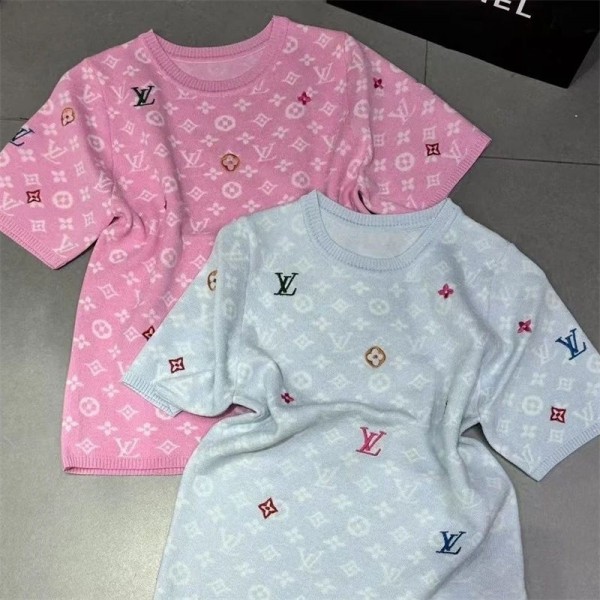 ルイヴィトン半袖 リブニット レディース リブ  袖 Lv ニット トップス 快適ニット セーター とろみニット 伸縮 ストレッチ おしゃれ 上品 春 夏