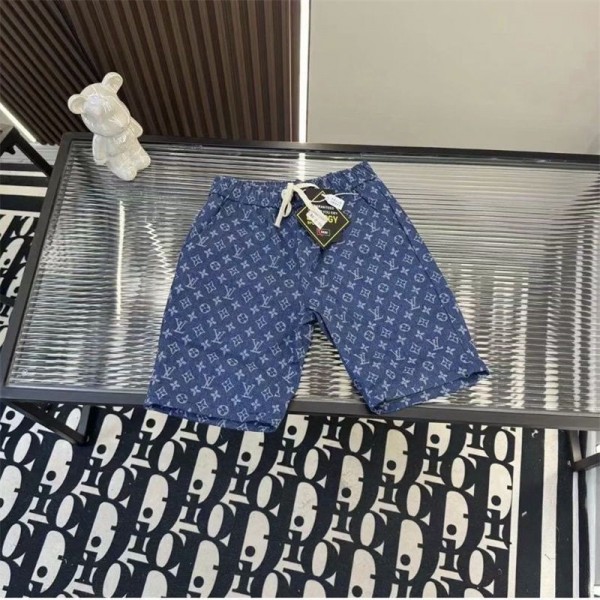 ルイヴィトンショートパンツ メンズ ブランドLV デニムハーフパンツ カーゴパンツ コットン ゆったり 5分丈ジーンズ ビッグシルエット 大きいサイズ カジュアル ストリート系 飾り紐付き