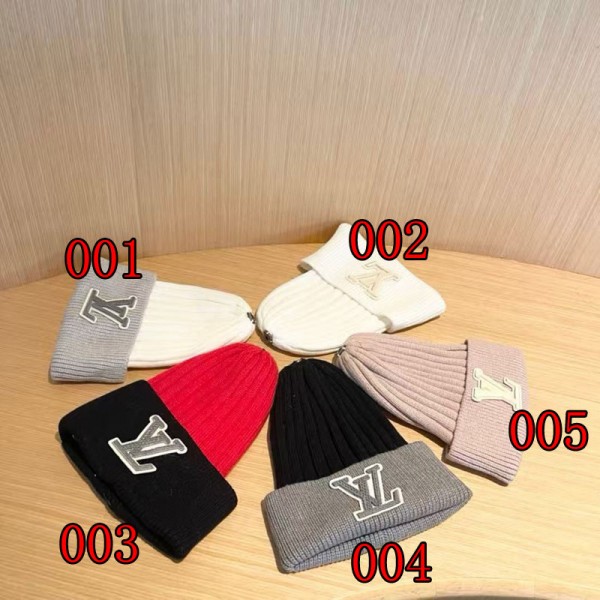 ブランドルイヴィトン リブ編み ニットキャップ ロゴ ワッペン LV ニット帽 ワッチキャップ 帽子 メンズ レディース ユニセックス アクリル ビーニー 無地 スノビーニー