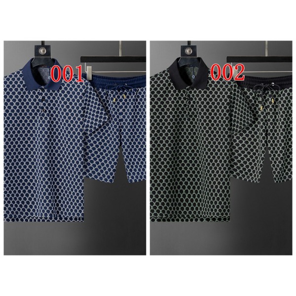 Lv ルイヴィトンブランドメンズ ポロシャツ＆ショーツセット リブ編み 2ボタン リラックス 夏 大きいサイズ Tシャツ ゆったり お洒落 カジュアル ジャージ 上下セット M-3XL