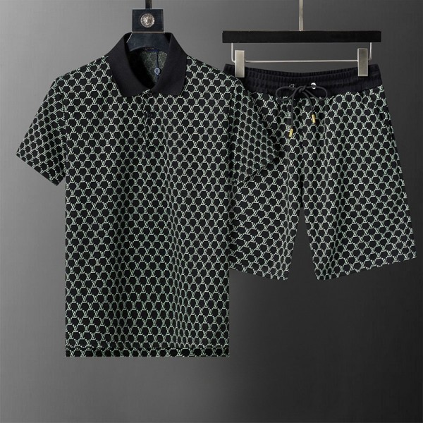 Lv ルイヴィトンブランドメンズ ポロシャツ＆ショーツセット リブ編み 2ボタン リラックス 夏 大きいサイズ Tシャツ ゆったり お洒落 カジュアル ジャージ 上下セット M-3XL