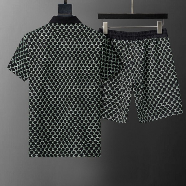 Lv ルイヴィトンブランドメンズ ポロシャツ＆ショーツセット リブ編み 2ボタン リラックス 夏 大きいサイズ Tシャツ ゆったり お洒落 カジュアル ジャージ 上下セット M-3XL