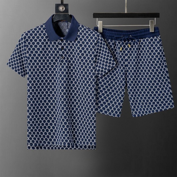 Lv ルイヴィトンブランドメンズ ポロシャツ＆ショーツセット リブ編み 2ボタン リラックス 夏 大きいサイズ Tシャツ ゆったり お洒落 カジュアル ジャージ 上下セット M-3XL