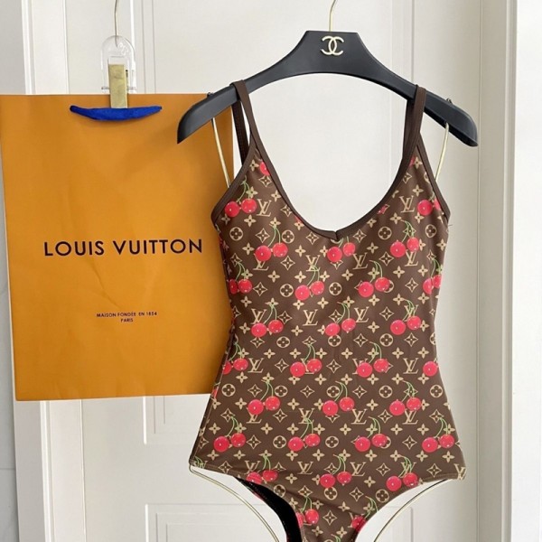 Lv ルイヴィトンブランドコピー レディース 水着 ワンピース チェリー柄 ビキニ セクシー チューブトップ 着痩せ パット付き S-XL キュート シンプル リゾート風 速乾 通気 水陸両用 ビーチ 温泉 海 プール