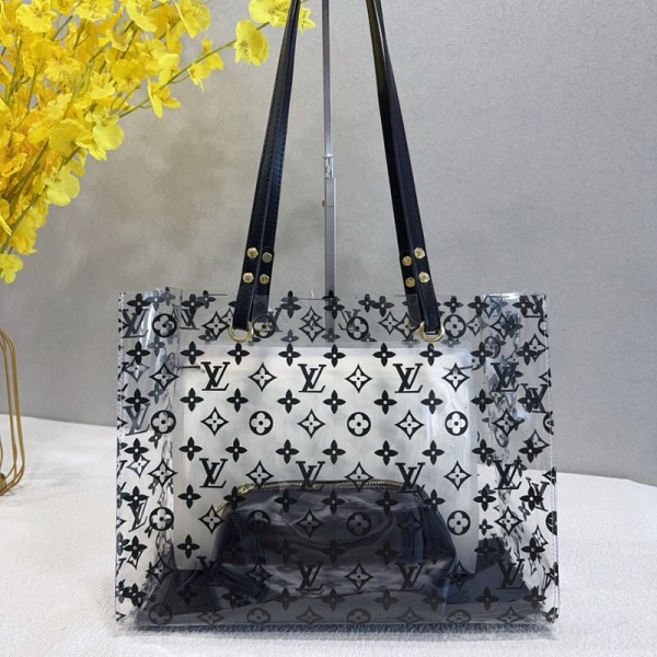 Lv ルイヴィトンブランドクリアバッグ 手提げ袋 トートバッグ 透明 肩掛けバッグ ビニールバッグ 裏ポーチ付き 大容量 防水 洗面バッグ 軽量 持ち運び便利 温泉 ビーチ 旅行 男女兼用
