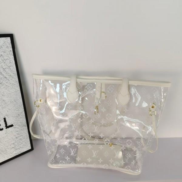 Lv ルイヴィトンブランドリアバッグ 透明バッグ クリアトートバッグ ミニポーチ付き 透明バッグト ラベルバッグ ジム 軽量 持ち運び便利 大容量 エコバッグ 男女兼用 温泉 水泳