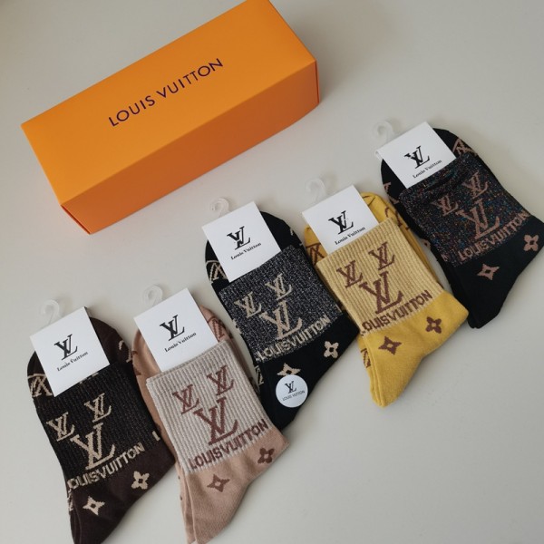 Lv ルイヴィトンレディース向け 靴下 かわいいブランド ストッキング 大人気コットン 靴下 メンズ 通気性ブランドソックス 男女兼用 ファッション