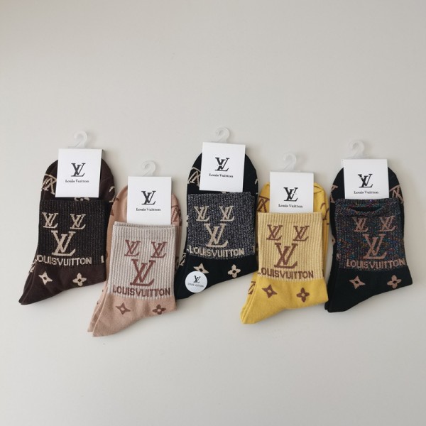 Lv ルイヴィトンレディース向け 靴下 かわいいブランド ストッキング 大人気コットン 靴下 メンズ 通気性ブランドソックス 男女兼用 ファッション