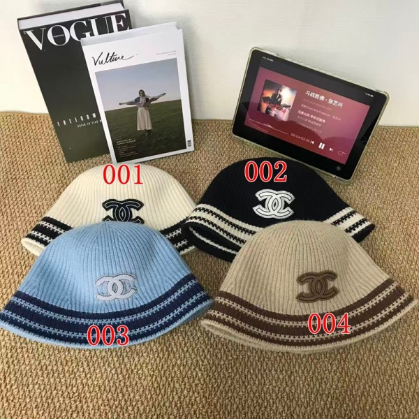 Chanel シャネルレディース向帽子防寒ニットバケットハット 刺繍アクセント レディースシャネルクラシックライン リブニットバケットハット カジュアル 秋冬