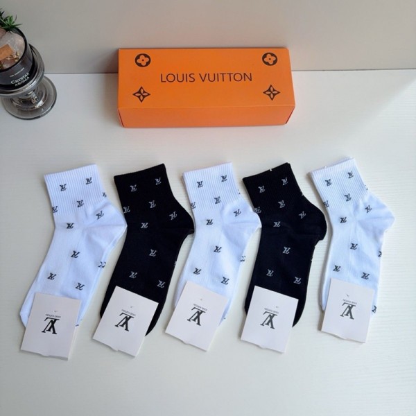 Lv ルイヴィトンハイブランド ソックス 綿製ロゴ刺繍 ショートソックス 5足セット ギフトブランドミドルソックス 高品質上質な コットン ソックス くつした