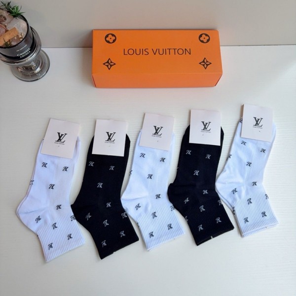 Lv ルイヴィトンハイブランド ソックス 綿製ロゴ刺繍 ショートソックス 5足セット ギフトブランドミドルソックス 高品質上質な コットン ソックス くつした