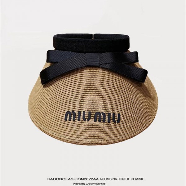 ブランドミュウミュウ 麦わら帽子 レディース 夏 MIUMIU UVカット帽子 広つばサンバイザー 通気性 作業用帽子 蝶結びサンカット 遮熱折りたためるクール日よけ帽子 飛ばれない ストロー