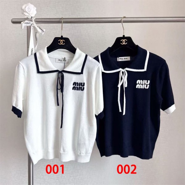 ミュウミュウ MiuMiuブランドポロシャツ リプニット レディース ポロセーター S - 2XL Tシャツ トップス 襟付き 柔らかい 半袖 ゆったり 無地 春 夏 通気 カジュアル 通勤 おしゃれ シンプル