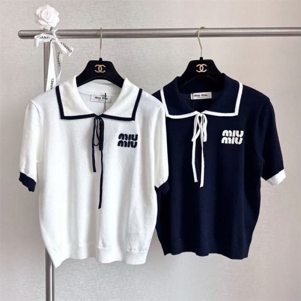 ミュウミュウ MiuMiuブランドポロシャツ リプニット レディース ポロセーター S - 2XL Tシャツ トップス 襟付き 柔らかい 半袖 ゆったり 無地 春 夏 通気 カジュアル 通勤 おしゃれ シンプル