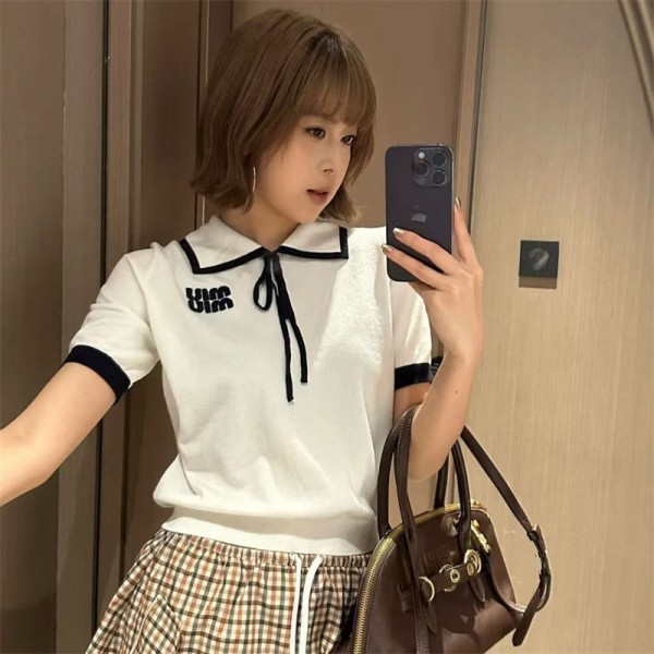 ミュウミュウ MiuMiuブランドポロシャツ リプニット レディース ポロセーター S - 2XL Tシャツ トップス 襟付き 柔らかい 半袖 ゆったり 無地 春 夏 通気 カジュアル 通勤 おしゃれ シンプル